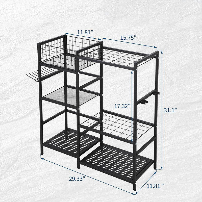 Organisateur de jardin, rangement pour outils de garage robuste avec 6 tablettes et 35 fentes à long manche, organisateurs pour outils autoportants et rangement pour remise de jardin et pelouse