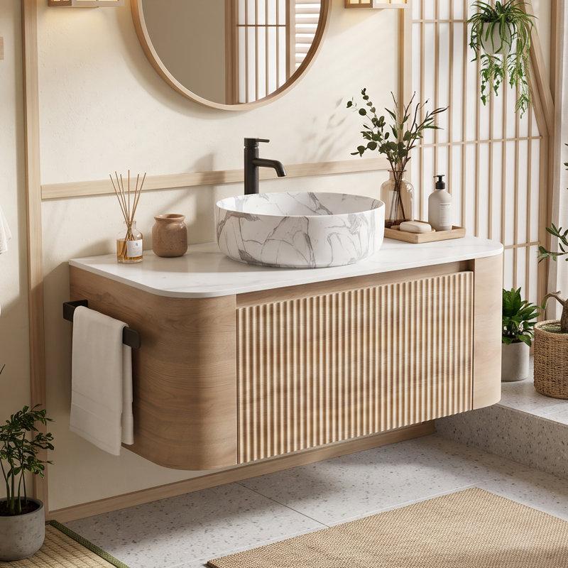 Meuble-lavabo mural simple 36 po avec plateau en marbre 36 po, Chêne