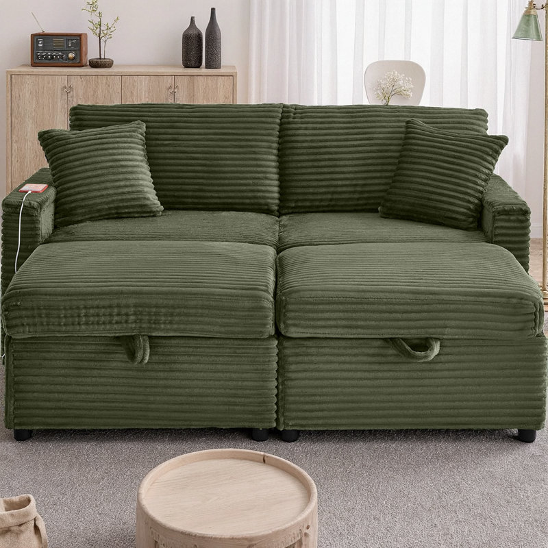 Comfortable Fluffy Corduroy Lazy Big Loveseat Couch, Super Soft Chaise Lounge 2-Seater Sofa with Double Storage Ottomans, Table Board & USB Port for Living Room