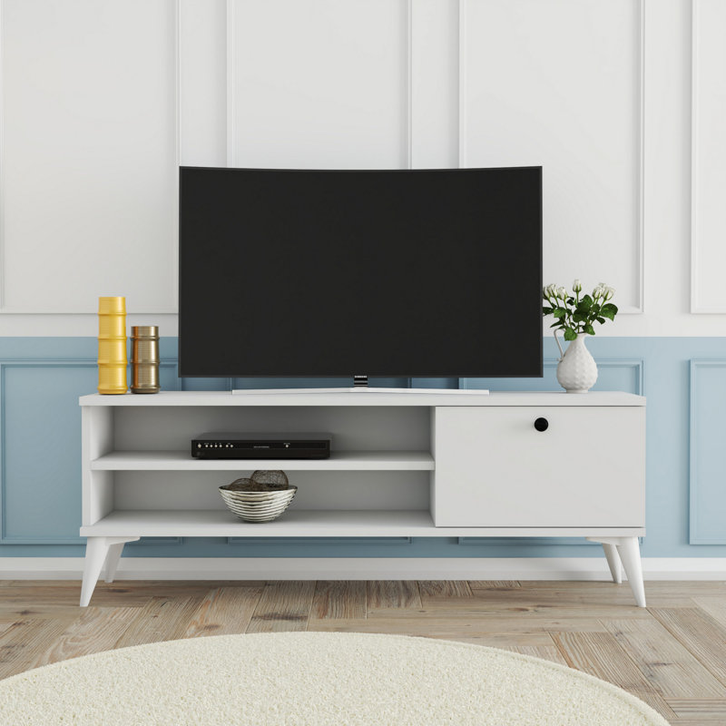 Meuble télé moderne blanc avec plusieurs tablettes, 47,2 po x 17,6 po x 11,6 po | 100% panneau de particules enduit de mélamine, épaisseur: 0,7 pouce | Conception murale scandinave élégante, pieds en plastique durables pour la stabilité