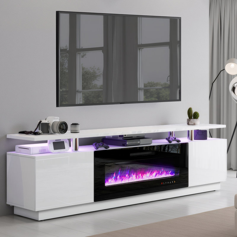 Meuble télé Bhhatu à 2 niveaux avec foyer électrique de 80 po brillant et blanc inclus, Blanc/Noir, 80"