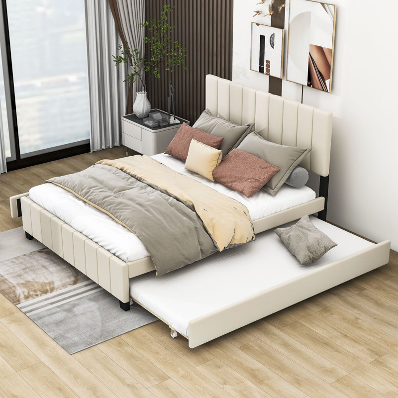 Drevaughn Queen Size Upholstered Platform Bed with Twin XL Trundle and 2 Drawers, Beige
