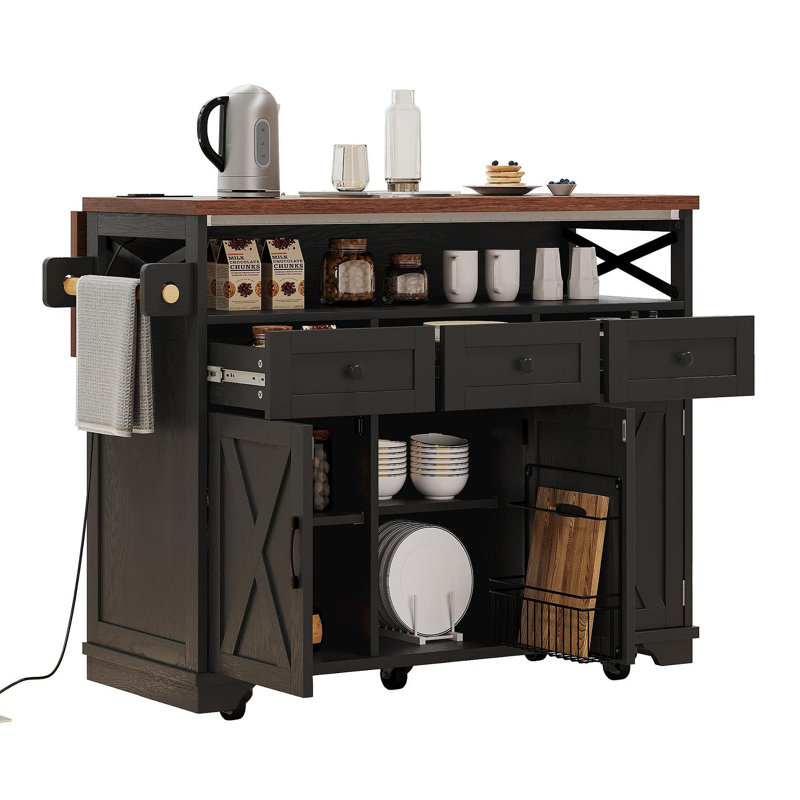 46.5'' Farmhouse Kitchen Island With Drape Of Beads, Power Outlet, Rolling Kitchen Cart On Wheels With Drop Leaf, 3 Doors , 3 Drawers And Internal Iron Shelf, For Kitchen, Dining Room, Black