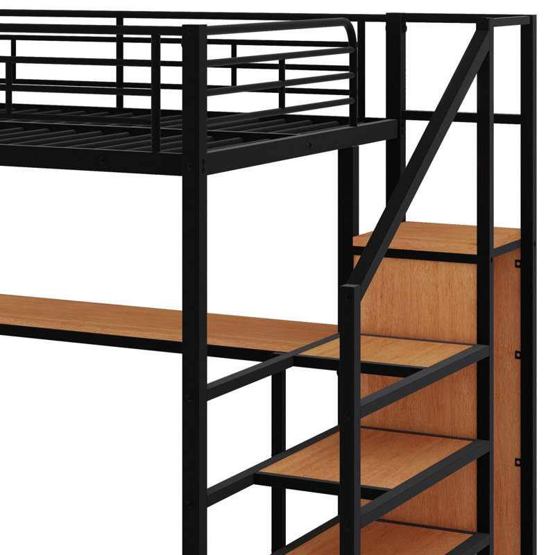 Lit mezzanine en métal avec bureau, escalier de rangement, petite armoire et lumière DEL, Noir