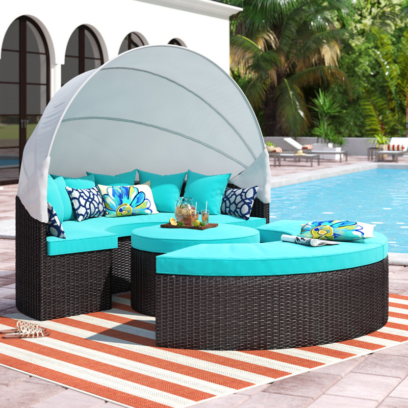 Convene Wicker Rattan Outdoor Patio Canopy Sectional Daybed, Turquoise