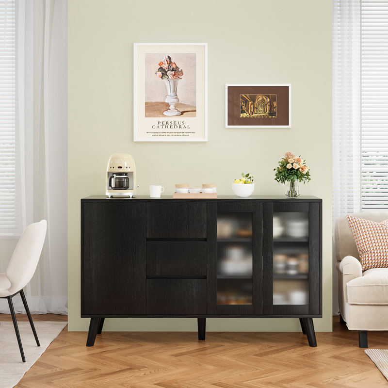 Farmhouse Buffet Cabinet, 55.5" Coffee Bar with 3 Drawers and Pop-Up Doors, Large Rustic Sideboard, Black