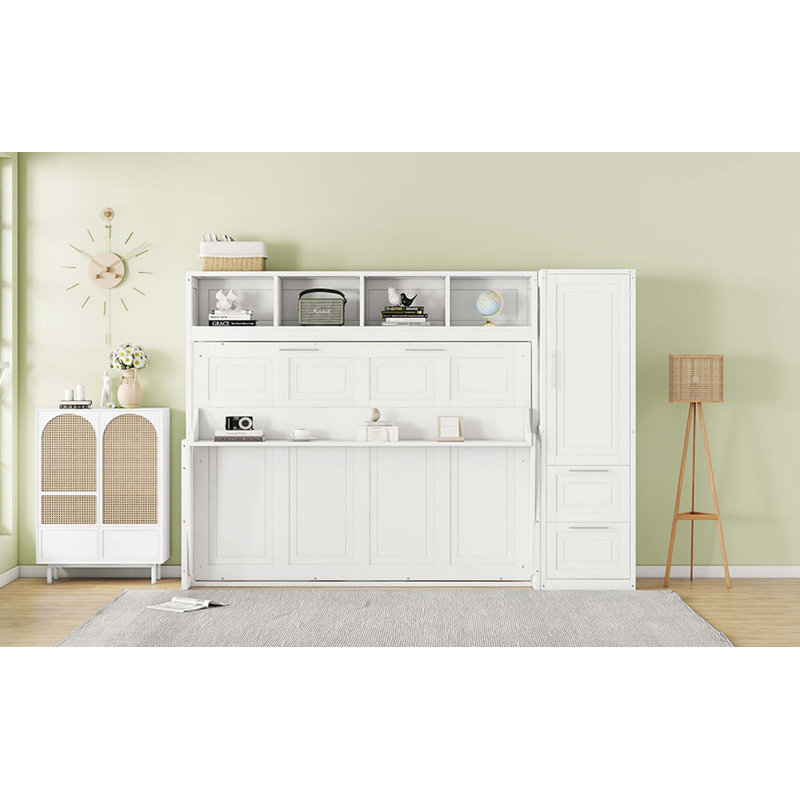 Lit escamotable double avec placard et tiroirs, Blanc