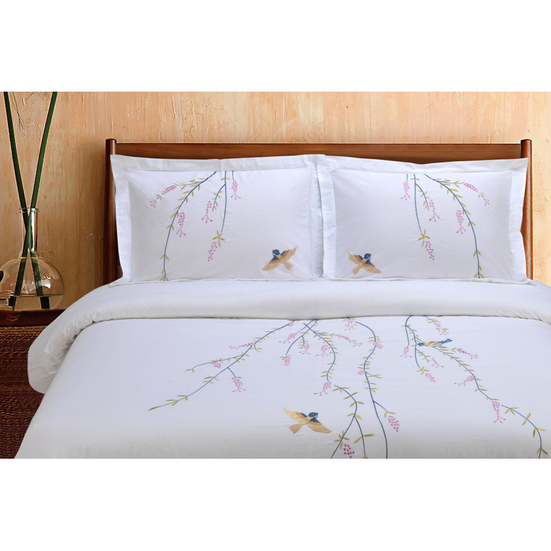 Superior 100% Cotton 200 Thread Count Embroidered Floral Duvet Cover Set, King/California King + 2 Pillow Shams