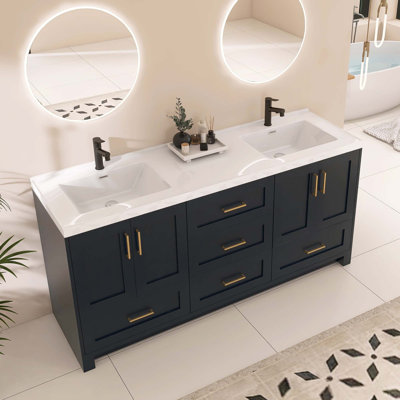 Liskeard Solid Wood 72 Inch Double Bathroom Vanity with Solid Surface Top -  Rosdorf Park, 438BF14A977140258FC0E694E0BEA901