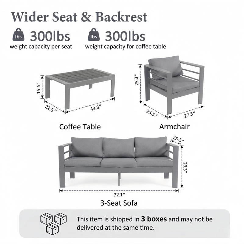 Ensemble de meubles de patio en aluminium 4 pièces avec plateau en imitation bois Judy, comprenant 2 fauteuils et un canapé 3 places