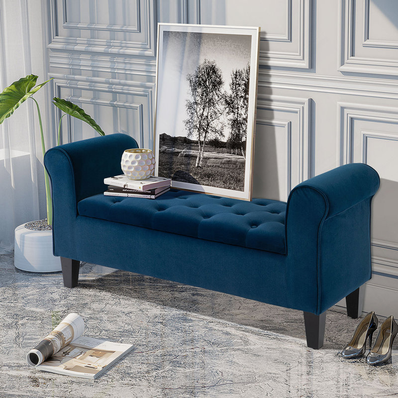 Banc rembourré capitonné à boutons avec accoudoirs roulés pour le salon ou le couloir, bleu, Blue Fabric