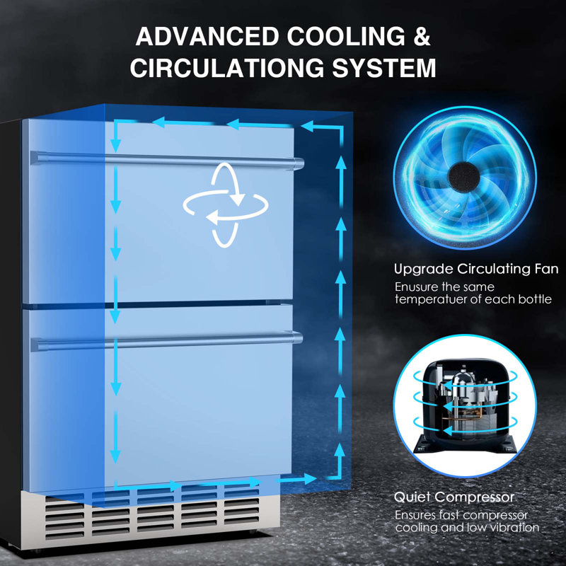 24" Undercounter Double Drawer Beverage Refrigerator, 133 Cans Capacity Cooler with Quiet 38dB Operation