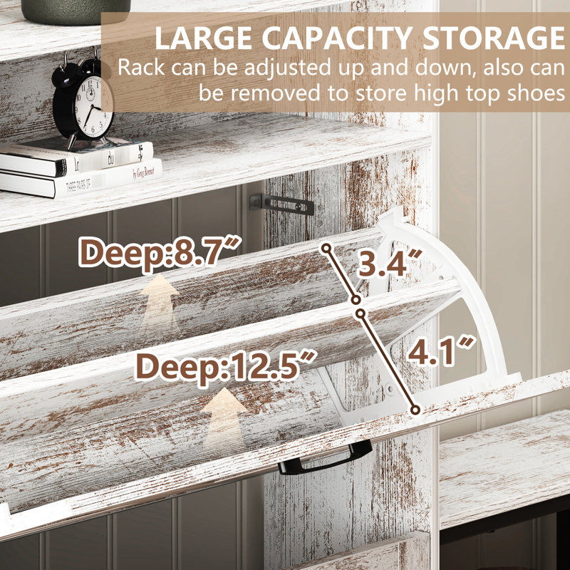 Range-chaussures blanc pour l'unité d'entrée, 2 tiroirs rabattables avec fentes réglables, rétro rustique, basculant, organisateur de pièces polyvalent: grande capacité d'entrée et rangement personnalisable