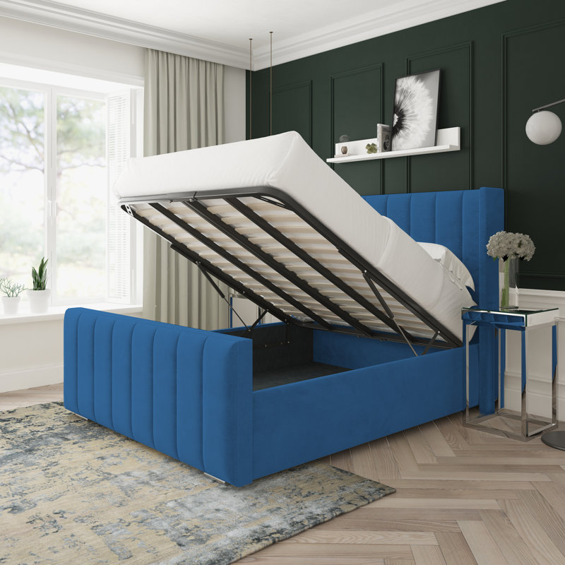 Willow Naples Velvet Upholstered Ottoman Bed Frame, Blue, Double (4'6)