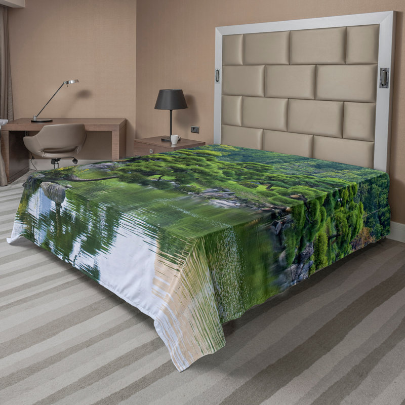 Ambesonne, drap plat, paysage de rivière, arbres, vert, Drap plat pour très grand lit californien