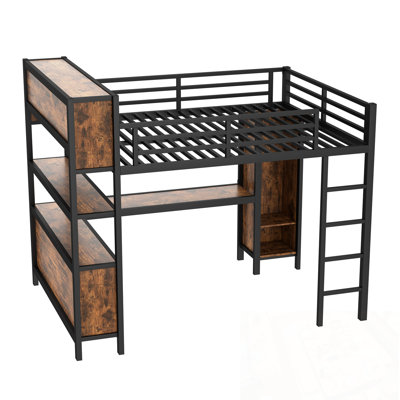 Grand lit mezzanine en métal avec garde-robe et bureau en L