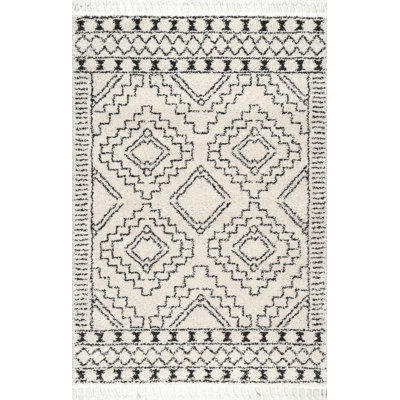 Tapis à poil long blanc cassé et gris anthracite à motif géométrique pour le salon, la chambre à coucher, la salle à manger, la chambre de bébé, le vestibule ou le couloir Adry