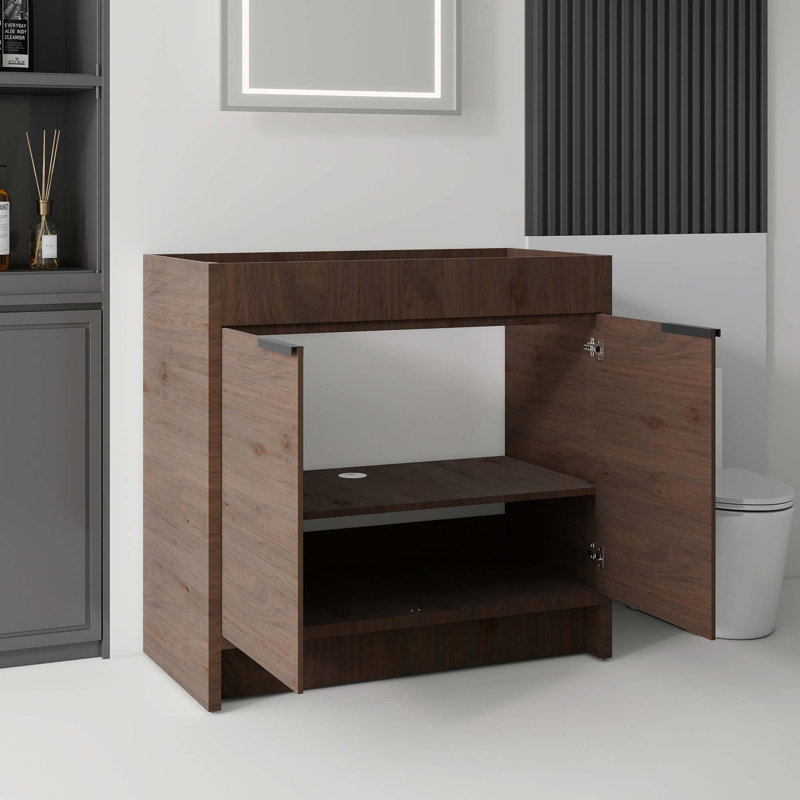 Meuble-lavabo autoportant avec portes à fermeture douce et rangement spacieux, Brun
