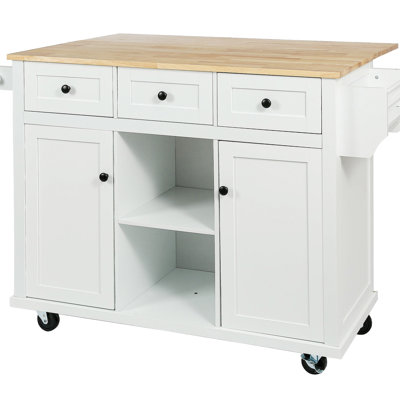 Contemporary Kitchen Cart With Metal Support And Towel Rack Island Removable Shelves, Drop Design & 5 Rolling Wheels, White