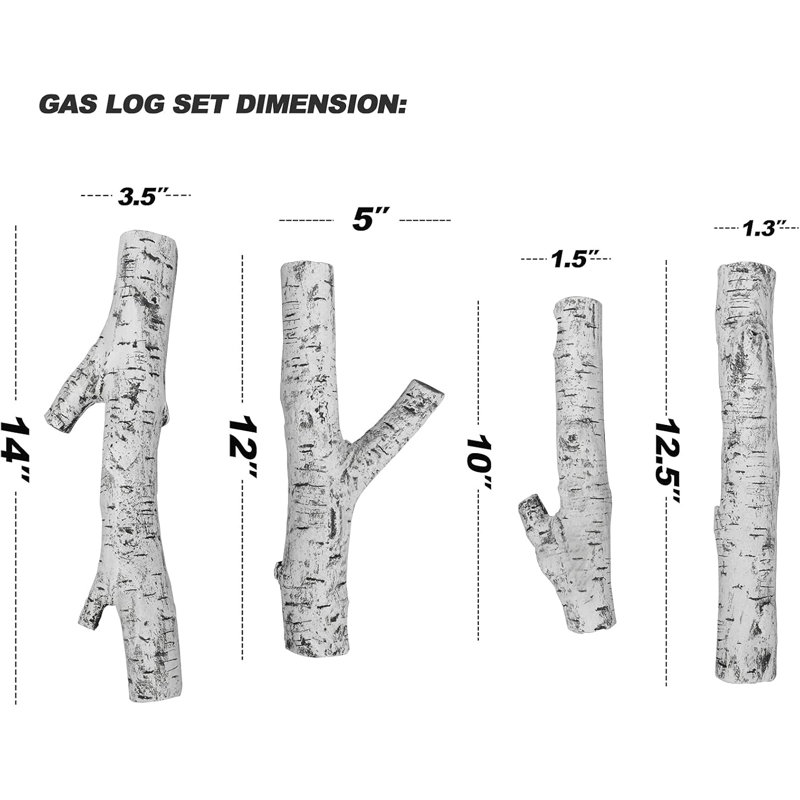 4 Piece Set of Ceramic White Birch Wood Gas Log for All Types of Ventless, Gel, Ethanol, Electric