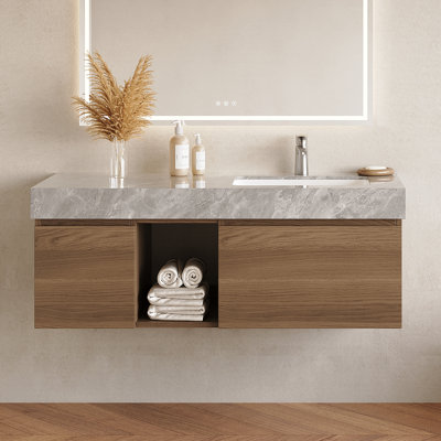48" Walnut Bathroom Vanity with Sink, Modern Wood Single Vanity Cabinet with Storage, Minimalist Design Bathroom Cabinet Including Drain Assembly