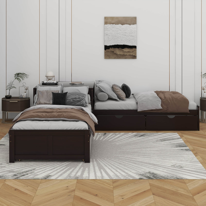 Lit plateforme simple en L avec lit gigogne et tiroir, Espresso