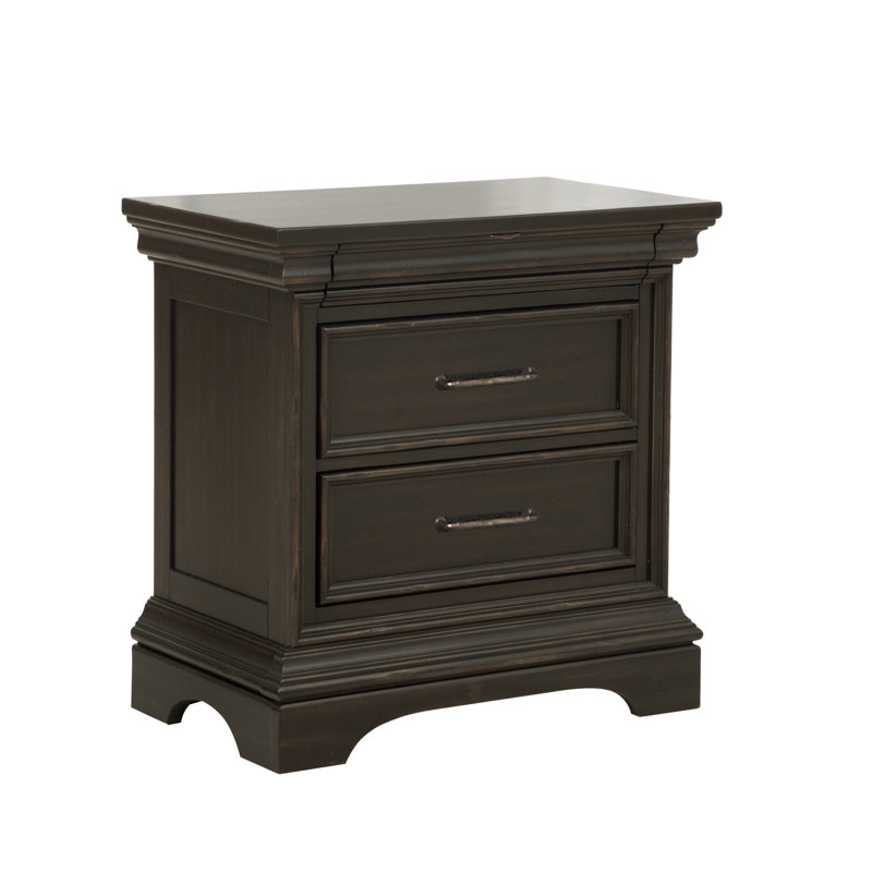 Brown Acacia Veneer 2-Drawer Nightstand with Rubberwood Legs
