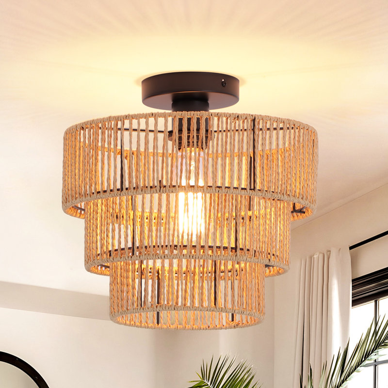 Lonnie 1 - Light 11.81" Boho Farmhouse Rattan Flush Mount