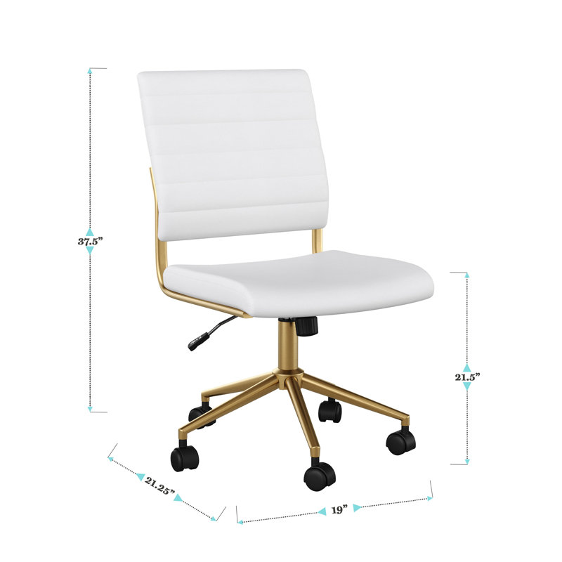 White Faux Leather Armless Swivel Office Chair with Brass Frame