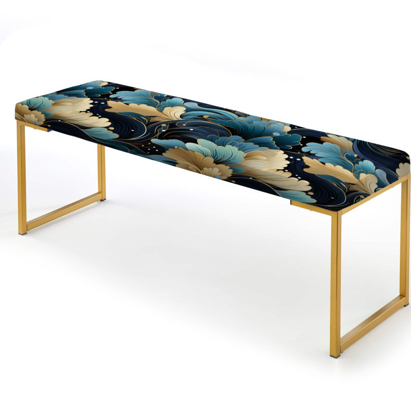 Upholstered Gold Bench, Blue And Beige Paisley Flowers Elegance