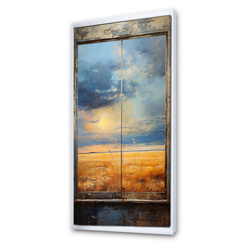 Meadow Horizon Farmhouse Windows II - Art mural de fenêtres de ferme, H 60 po x l 28 po x P 1,5 po, Cadre flottant blanc