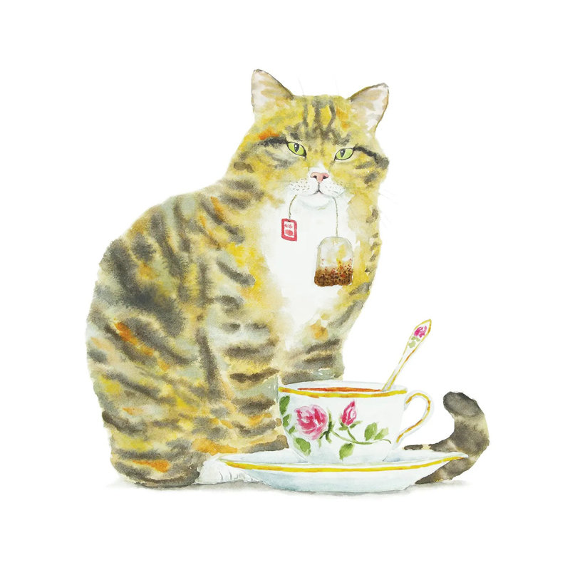 Tabby Cat And Tea by Alexey Dmitrievich Shmyrov - Wrapped Canvas Painting, 93.98 cm H x 93.98 cm W x 3.175 cm D