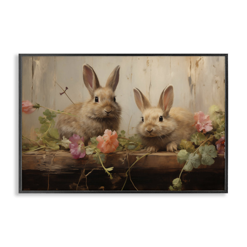 Lapins de Pâques avec jardin en fleurs, estampe numérique, design par Arlington Prints, H 12 po x l 18 po