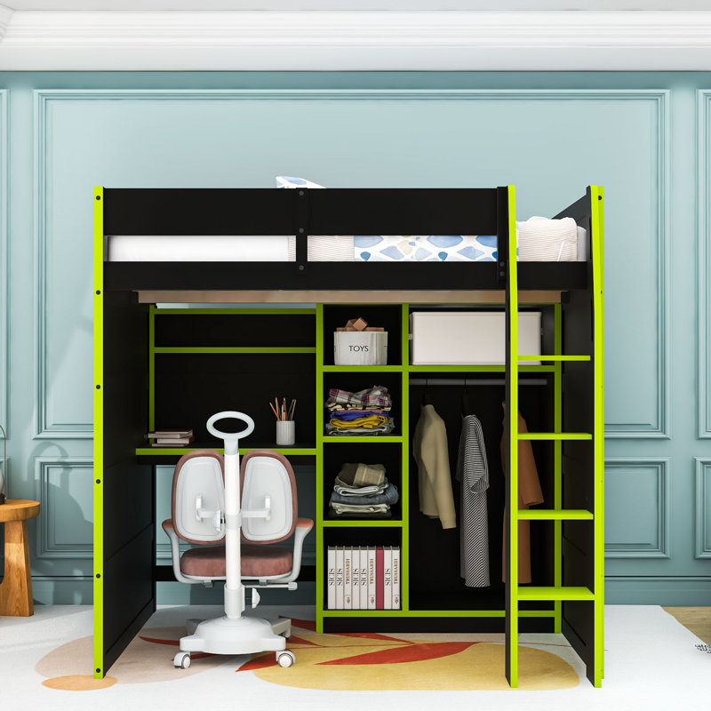 Lit mezzanine double avec bureau, rangement, lumière RVB et port USB, Vert
