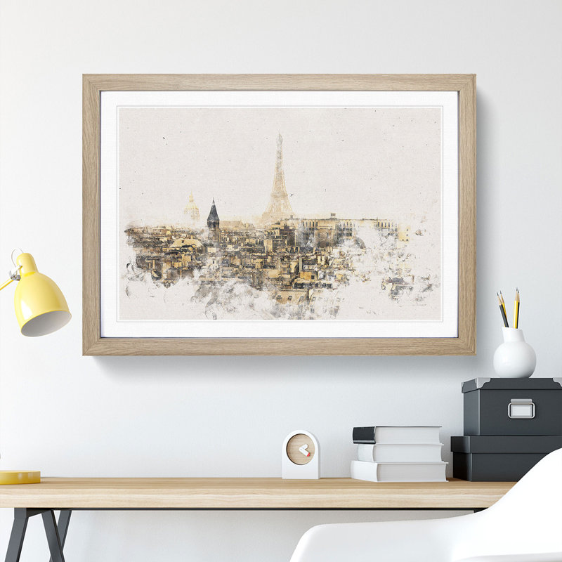 Misty Eiffel Tower in Paris France - Picture Frame Graphic Art Print, 62cm H x 87cm W x 2cm D, Oak Framed