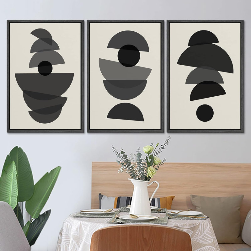 Abstract Geometry " Circles Between Semi-Circles Abstract Shapes Neutral Mid Century Modern Art Black And White " 3 - Pieces