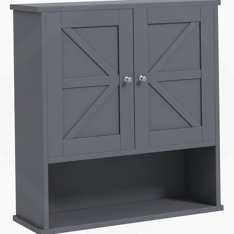 Armoire de salle de bain Farmhouse, armoire à pharmacie murale avec tablette ouverte et tablette réglable, rangement pour salle de lavage, gris