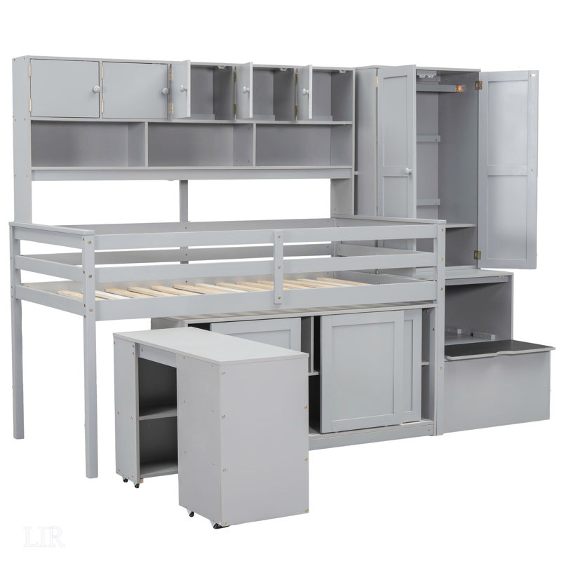 Lit mezzanine simple en bois avec grand rangement, bureau sous le lit, tiroirs et tablettes pour une utilisation optimale de l'espace