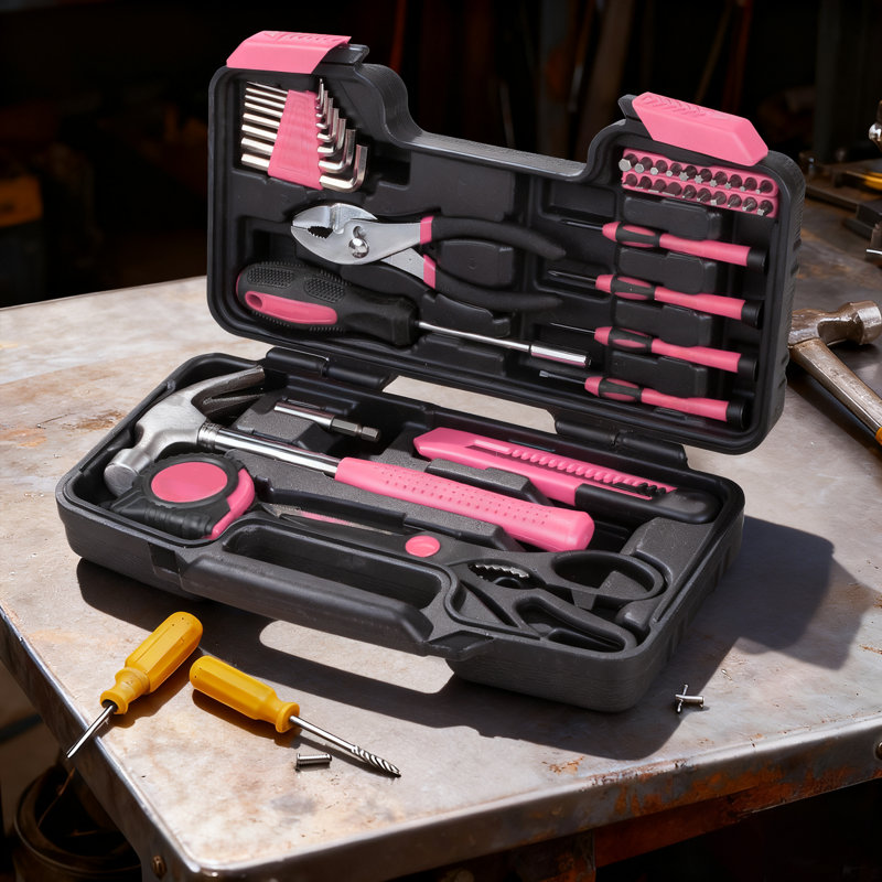 39-Piece Home Tool Kit With Organizer Case Essential Repair Tools For DIY & Maintenance, Pink