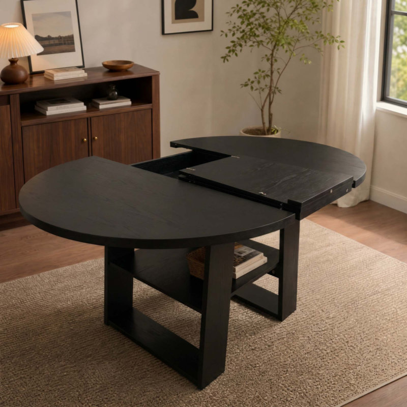Table de salle à manger extensible ronde 43,3 "à 59" pour 4-6, table de cuisine ronde à ovale avec rallonge rabattable intégrée, base stable en H et tablette de rangement