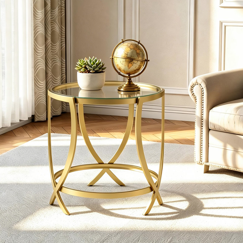 Table de bout en verre trempé avec base en métal doré