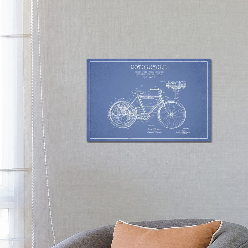 Floyd Bingham Motorcycle Patent Sketch (Light Blue) 1 Piece Wrapped Canvas Wall Art, 66.04 cm H x 45.72 cm W x 1.91 cm D