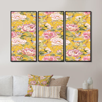 Roses roses chinoises sur fond jaune - ensemble de 3 toiles encadrées