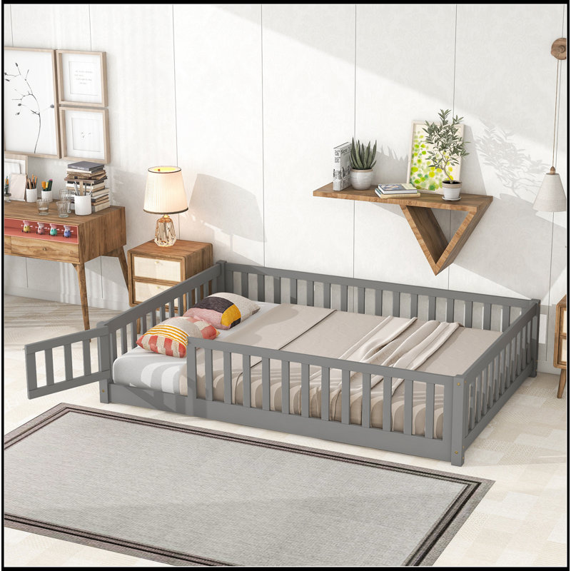 Lit de sol en bois polyvalent avec clôture, porte et rangement, pour chambre d'enfant et peu encombrant., Lit double, Gris