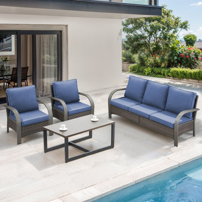 Bobra Outdoor Courtyard Handmade Rattan Conversation Set With Coffee Table