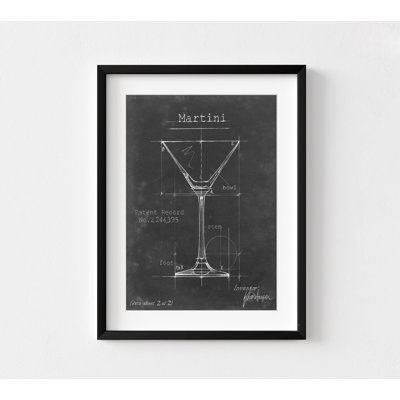 «Vintage Martini Glass Blueprint Decor», art mural «Blue cocktail», œuvre d'art en verre martini sec noir et blanc, idée de décoration de bar