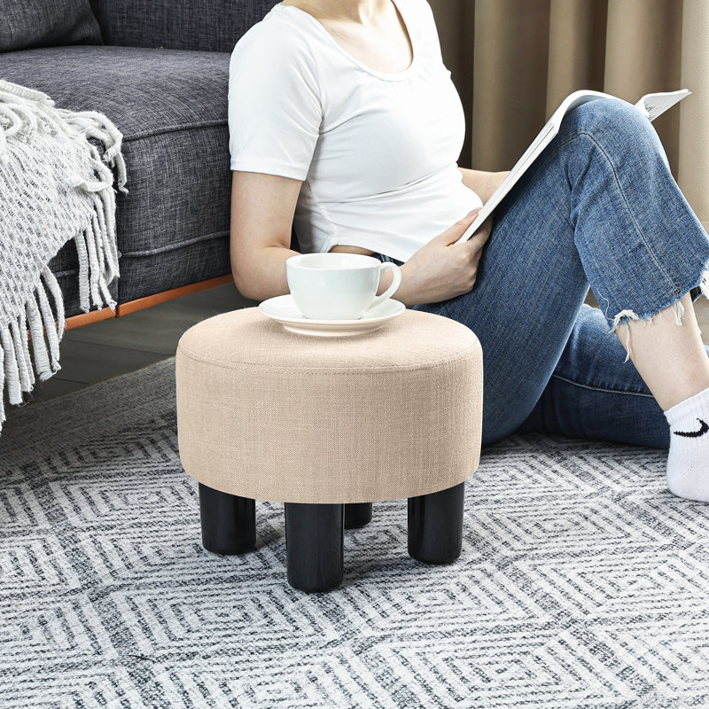 Round Footrest Ottoman Stool With Linen Upholstered, Beige