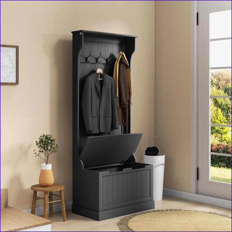 Coat Rack Hall Tree with Storage Bench, HOMCOM 3-In-1 Entryway Organizer with 4 Hooks &amp; Shoe Storage, Black | MDF, Black