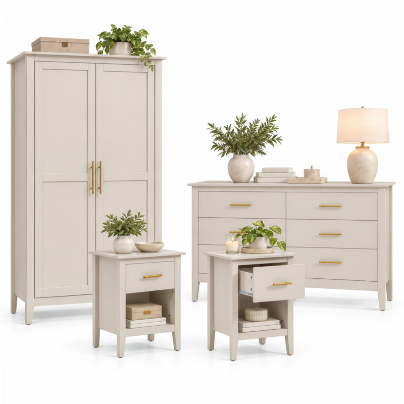 [4-Piece] Bedroom Furniture Set with Wardrobe, Chest of Drawers & 2 Bedside Tables, Cashmere