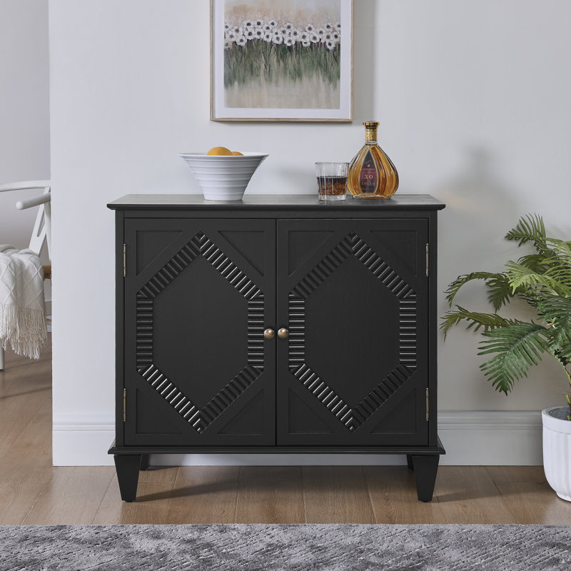 33.6" Retro Wooden Sideboard Buffet Cabinet, Black, Gold, Black